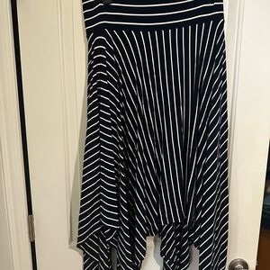 CAbi Navy and White Asymmetrical Midi Skirt